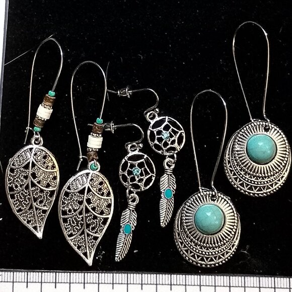 SALE!! 3 Pair BOHO ETHNIC EARRINGS, Silvery, Faux Turq BLUE BUNNY'S BOHO BAUBLES - Picture 9 of 11